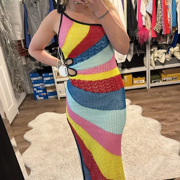 Staud Alpes One Shoulder Cutout Rainbow Crochet Knit Dress - Picture 9 of 10